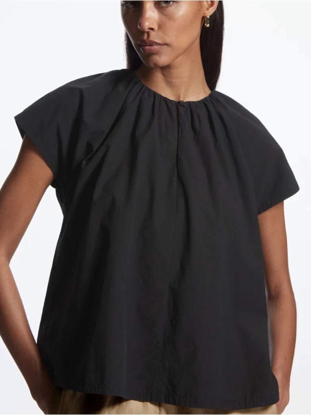 COS Gathered Cap-Sleeve Blouse Navy Blue Cotton Size 6 Minimalist Top